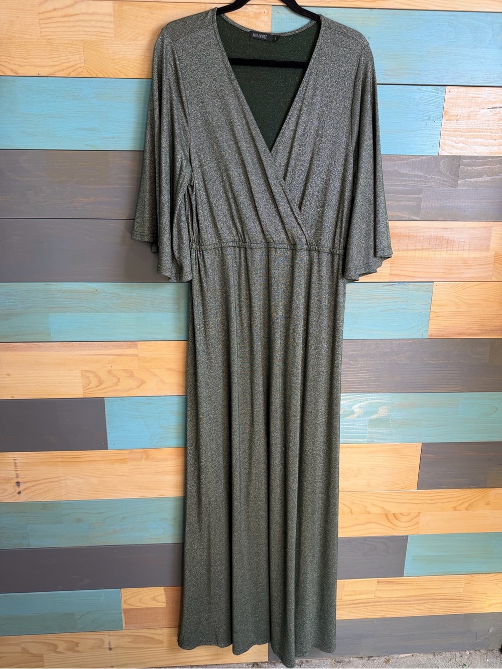 Mikarose Green Metallic Silver Shimmer Maxi Dress Kimono Sleeves Modest